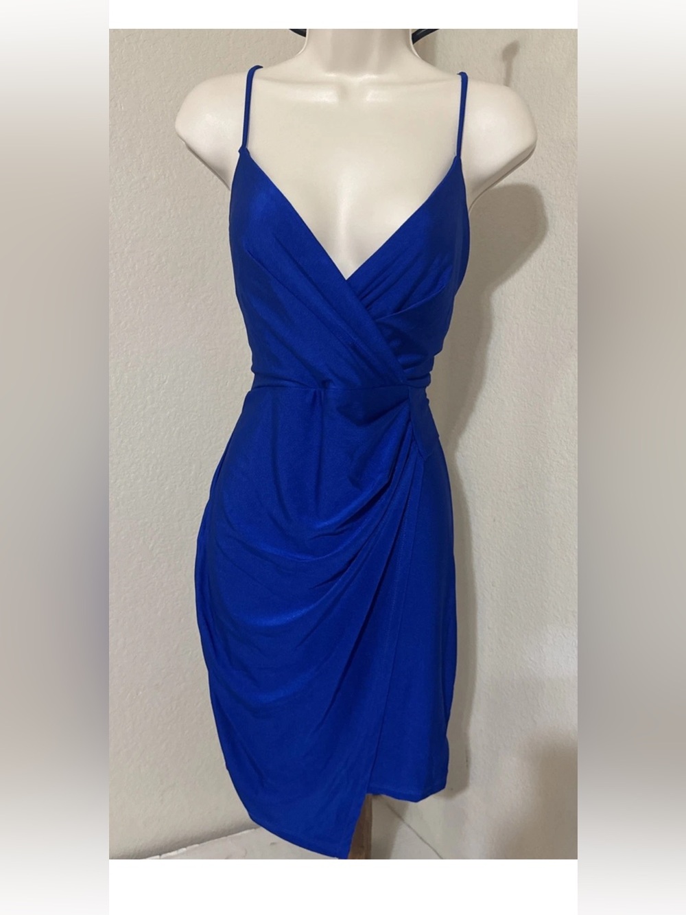 Royal Blue Satin Wrap Dress – Ruched Front, Spaghetti Straps, Party Mini Size XL